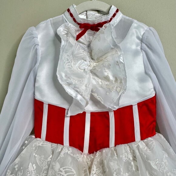 DISNEYLAND Mary Poppins Dress Up Girls 5-6 Costume White Red Lace Fair Cosplay - Picture 3 of 12